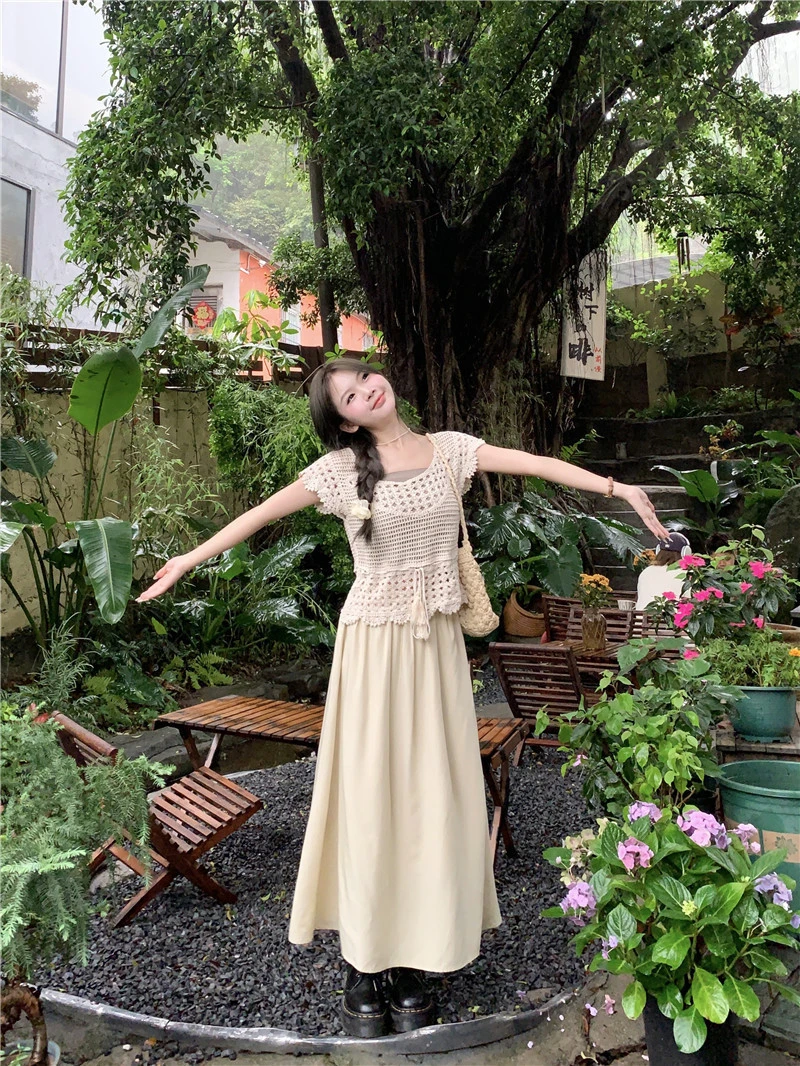 气质针织镂空马甲吊带半身裙三件套装女2025夏装新款爆款裙子