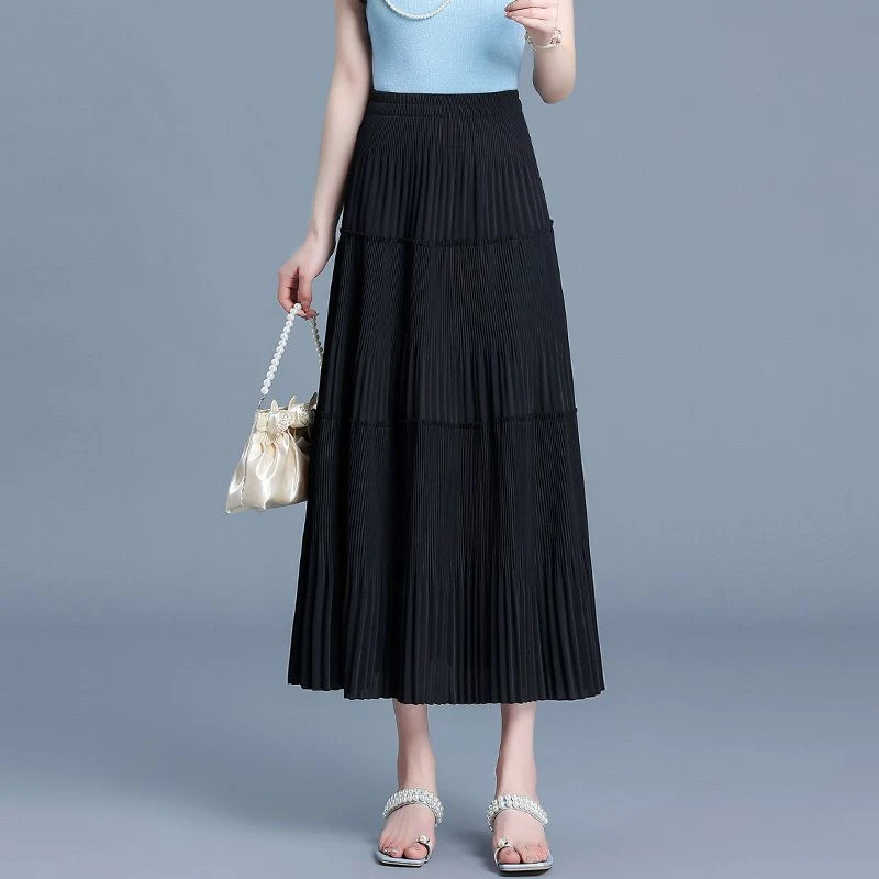 韩版拼接百褶a字裙女春季2025新款高腰显瘦半身裙垂感百搭中长裙