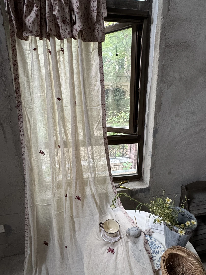 LY2608法式田园复古亚麻纱刺绣双层印花帘头系带客厅纱帘180*260