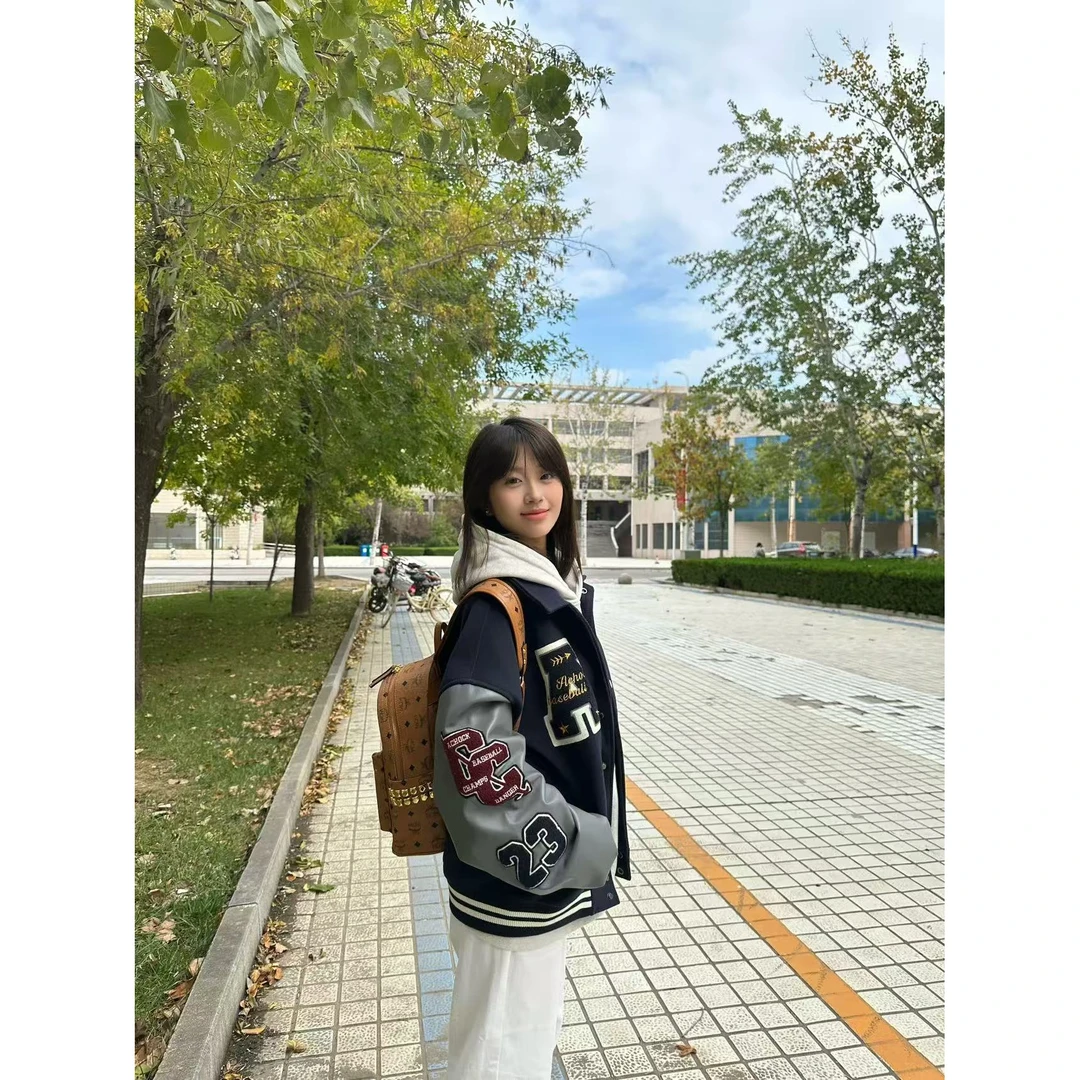 毛呢皮袖复古刺绣棒球服外套女春秋潮牌拼接毛巾绣情侣夹克洋气