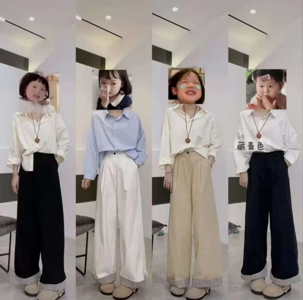 日韩系两穿拼接条纹翻卷边洗水棉阔腿裤女复古宽松直筒休闲裤子z