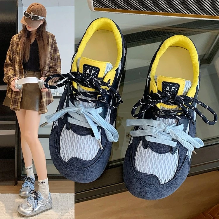 2025夏季网面真皮复古撞色丑萌多巴胺休闲运动鞋德训鞋女