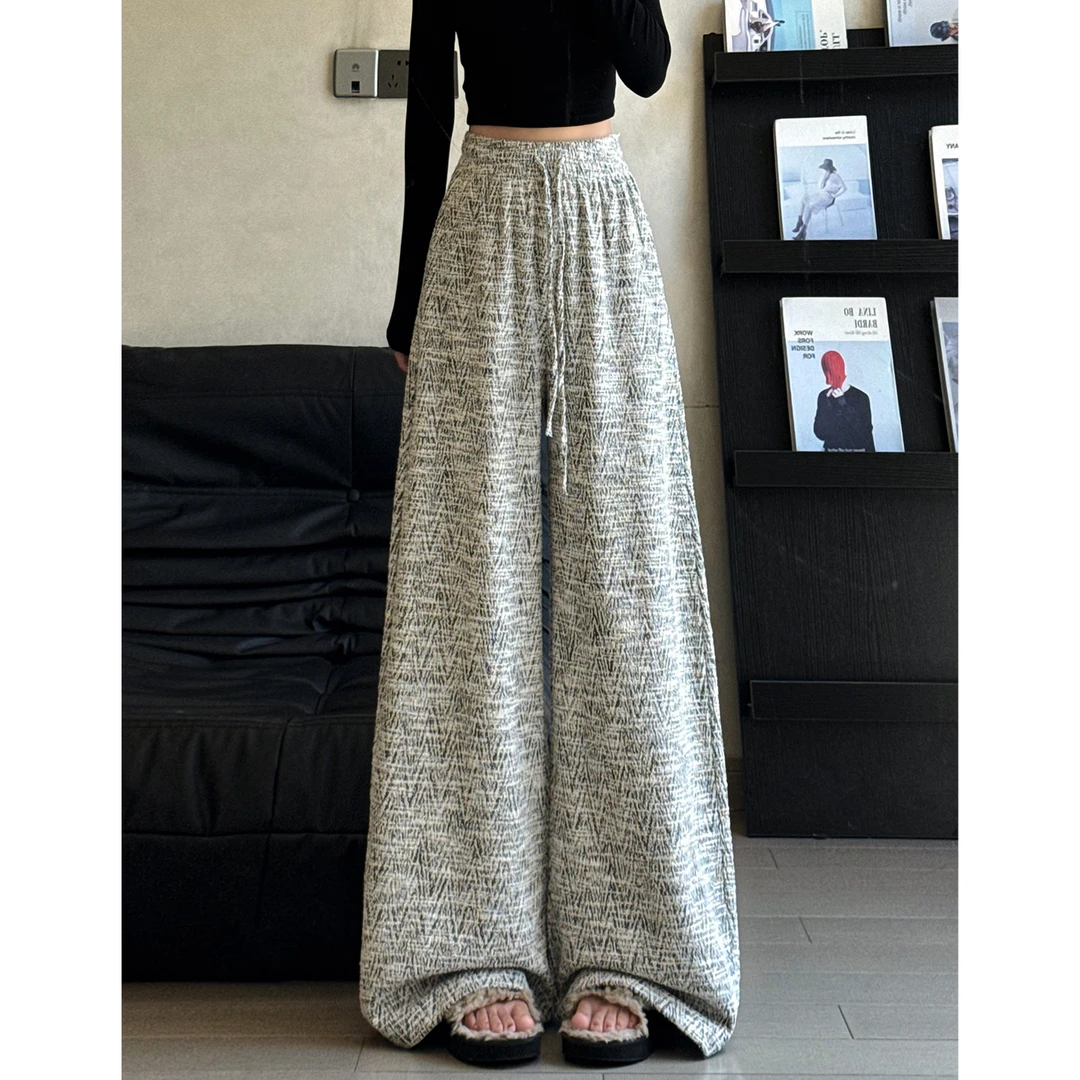 韩系小香风阔腿裤女秋季2025新款高腰慵懒松弛感休闲人字纹针织裤