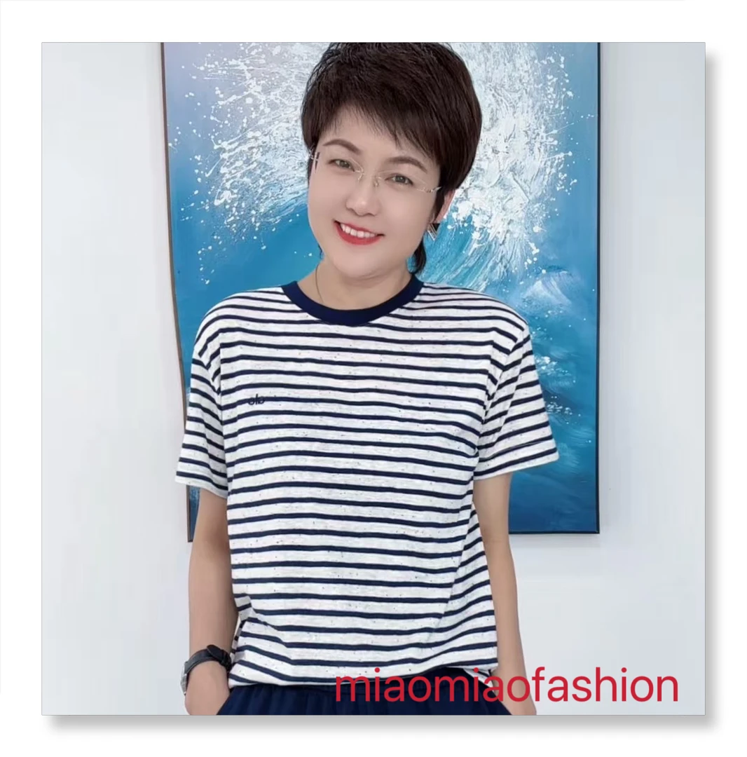 【MIO】米奥条纹圆领2025夏新款字母刺绣时尚百搭设计感宽松显瘦T恤