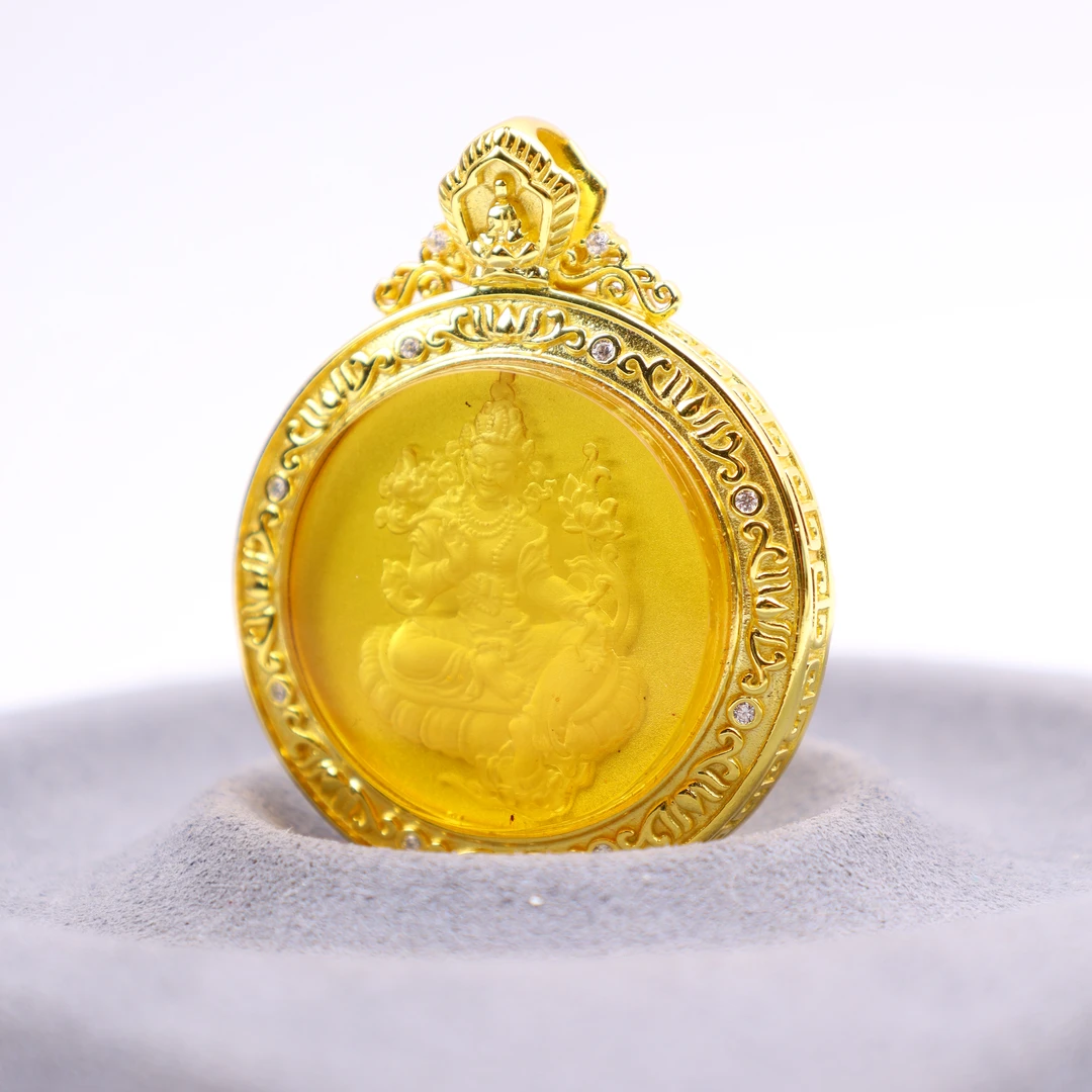 【心如珠宝赐福】 蓝珀阴雕绿度母吊坠S197-C