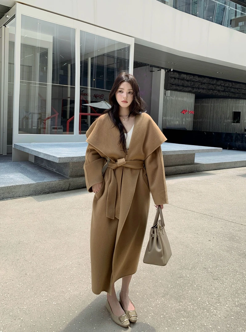 大也CHI2025秋冬慵懒风宽松大翻领双面呢羊毛大衣驼色毛呢外套