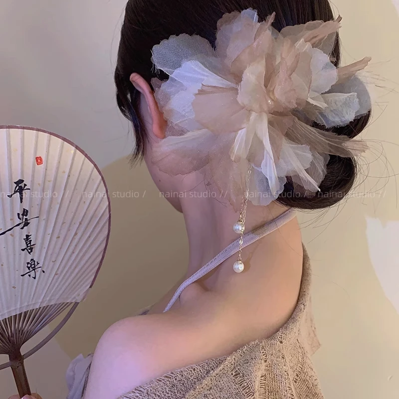 枯叶蝶发簪~高版本！复古雪纺花朵珠珠流苏U形发钗新中式发饰盘发
