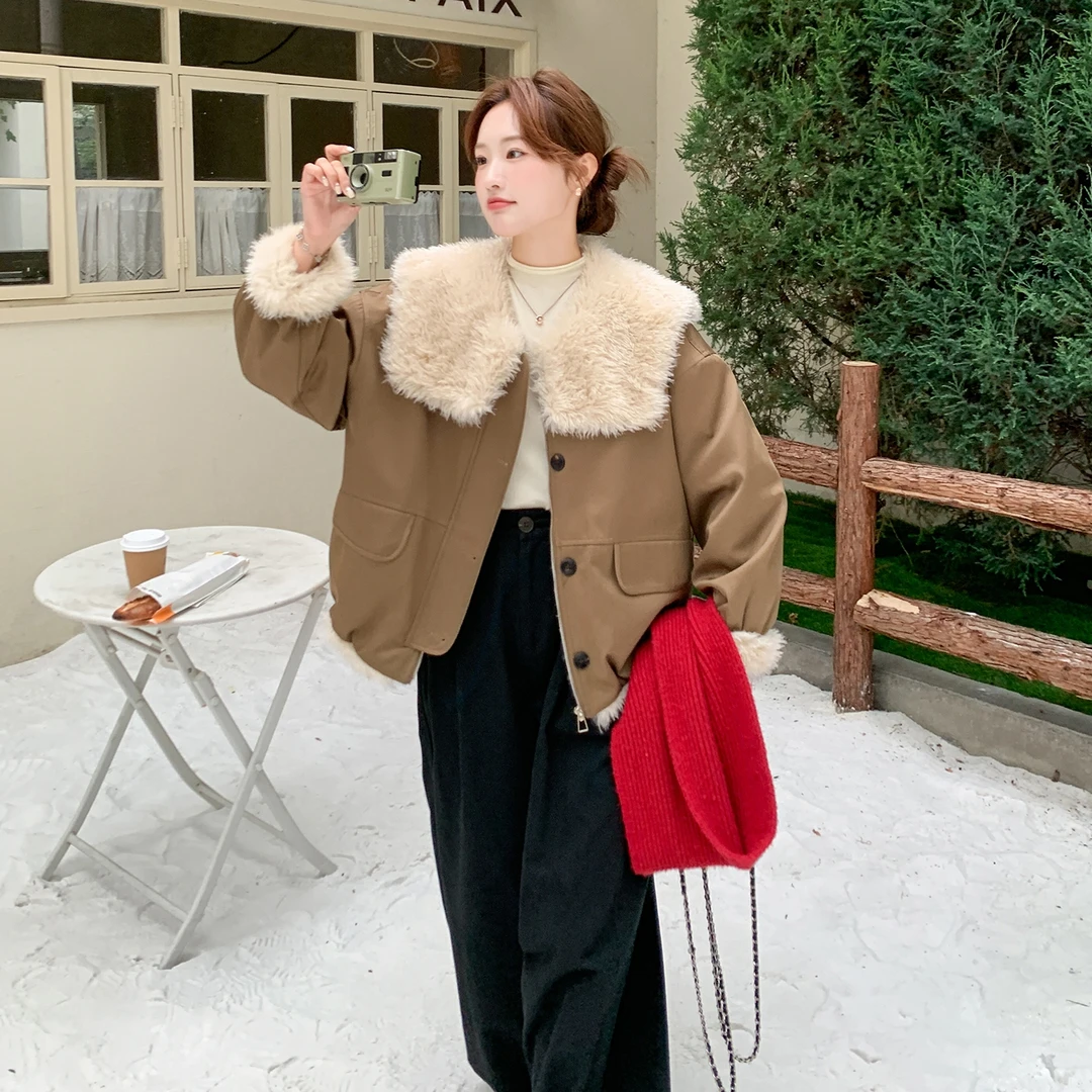 时髦复古大毛领短款派克服女2025冬季新款韩系小个子加厚工装棉服