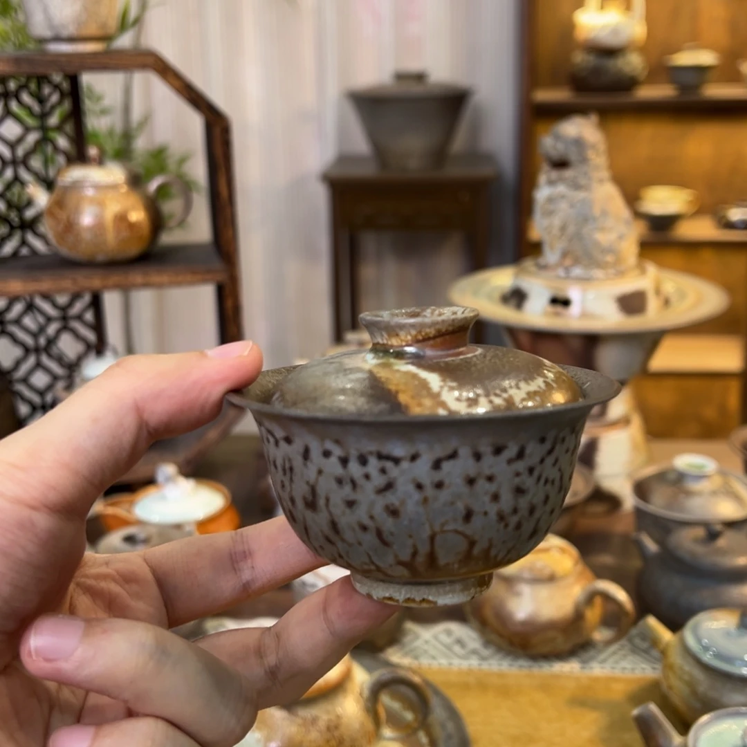 不染柴烧中白盖碗