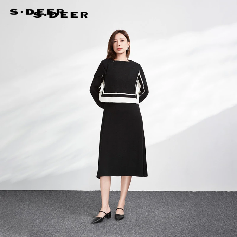S·DEER圣迪奥秋冬新款高端设计师轻奢时尚气质优雅撞色显瘦连衣裙