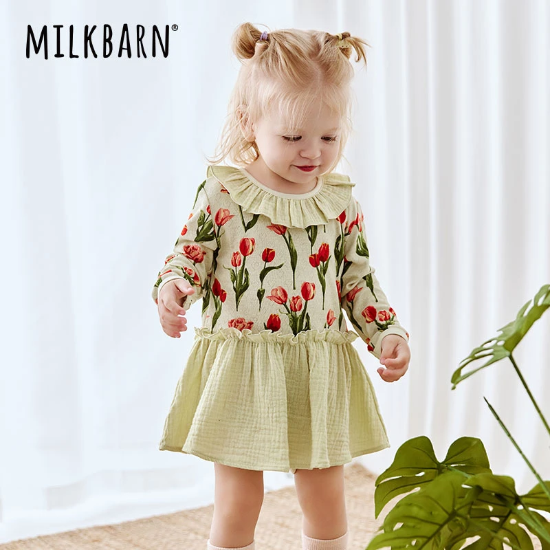Milkbarn2025春夏新品女宝宝包屁裙连体衣服婴幼儿哈衣爬爬服