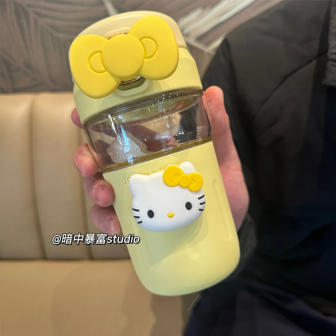 kitty玻璃杯耐高温直饮口防烫水杯带茶隔泡茶杯花茶杯手提便携杯