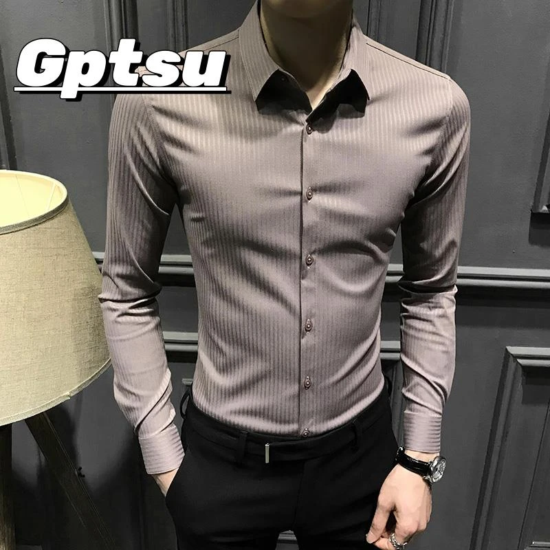 GPTSu秋季高级条纹衬衫男长袖韩版修身新款休闲衬衣青年帅气上衣