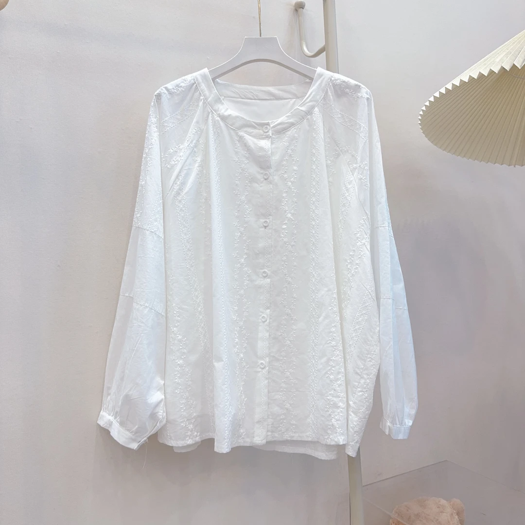 胖胖家*8580新款刺绣圆领百搭显瘦高品质衬衫