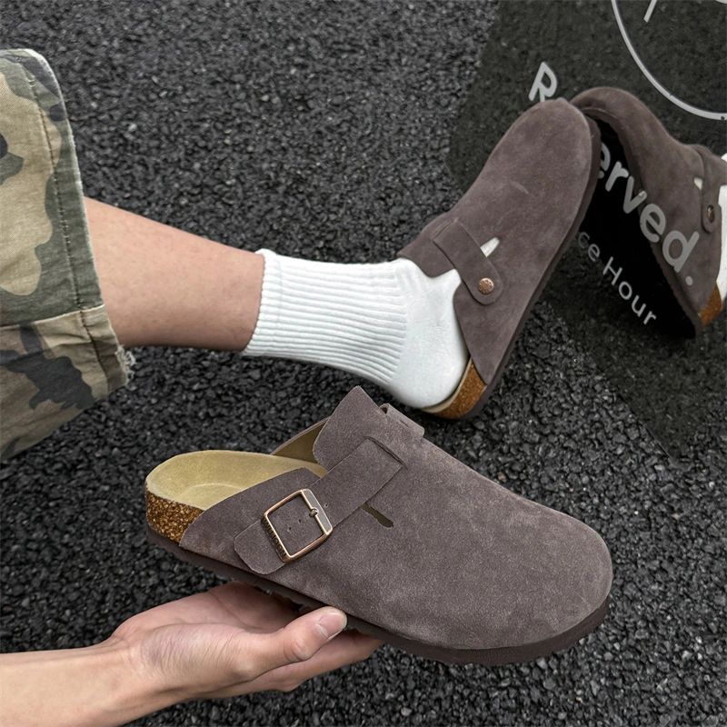 夏季男士包头拖鞋反绒皮英伦风轻便透气懒人鞋休闲外穿勃肯穆勒鞋