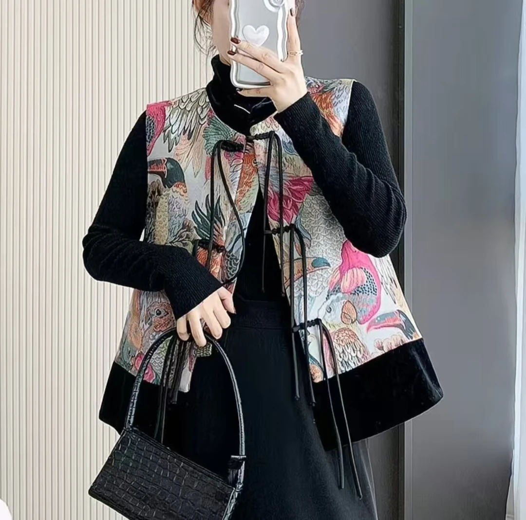 百鸟朝凤重工刺绣丝绒拼接气质马夹国风网红花流苏马甲中国风