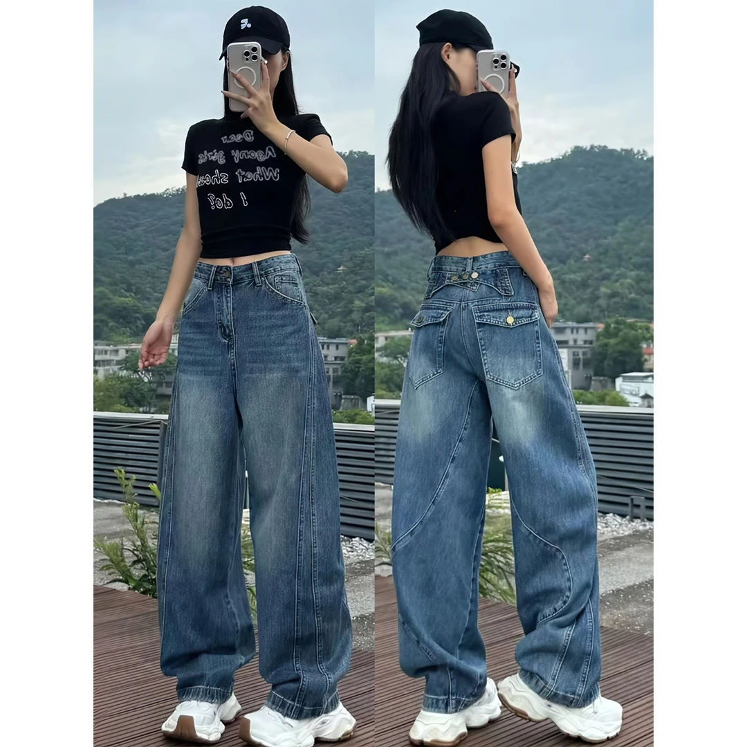 大码弯刀阔腿牛仔裤女秋季2025新款胖mm显瘦宽松美式高街直筒裤子