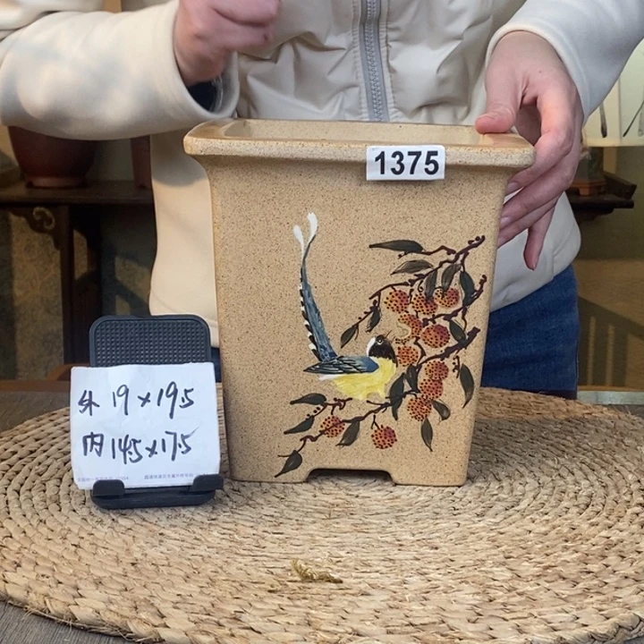 紫砂花盆  放漏精品芝麻段彩绘荔枝四方1375