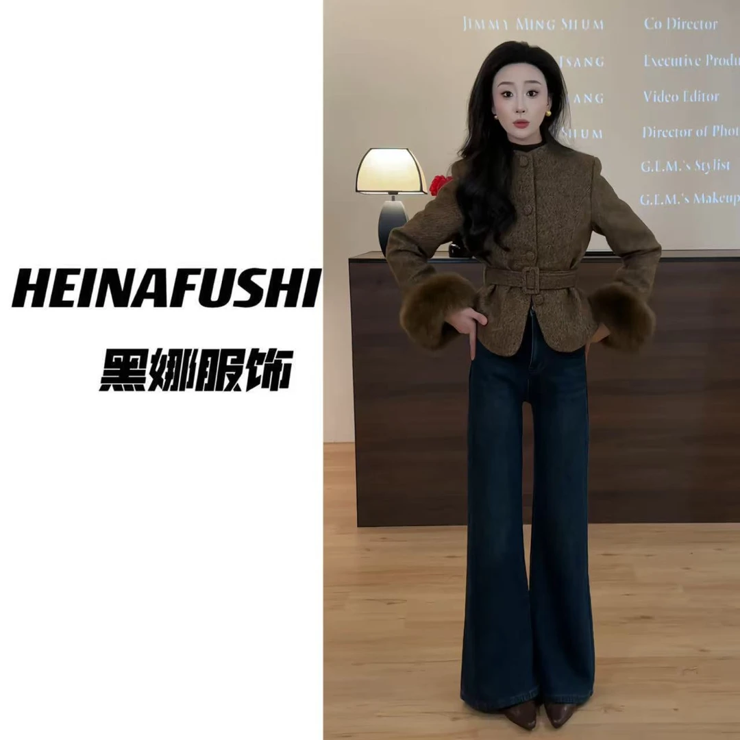 HEINA【A版微喇裤】婴儿绒微宽牛仔微喇裤87172