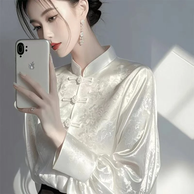 早春新中式国风内搭打底衫女高级感轻奢减龄洋气白色提花衬衫