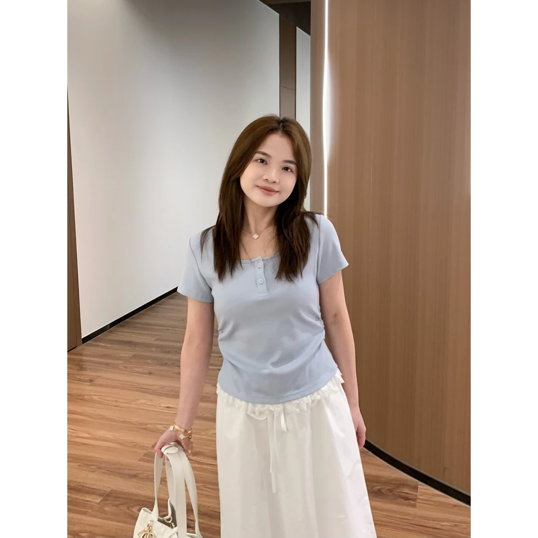 【折扣】YO定制显瘦蕾丝拼接短袖T恤春夏百搭甜美收腰短款上衣