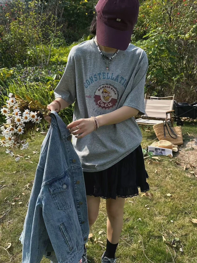 韩货圆领印花米圆鸭子ns小众韩版百搭复古宽松半袖