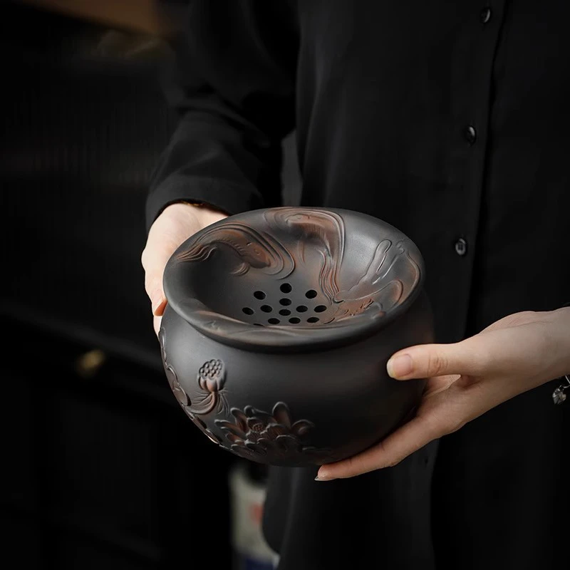 高档紫陶荷韵茶渣缸带盖建水大容量中式复古杯家用废水缸茶缸茶洗