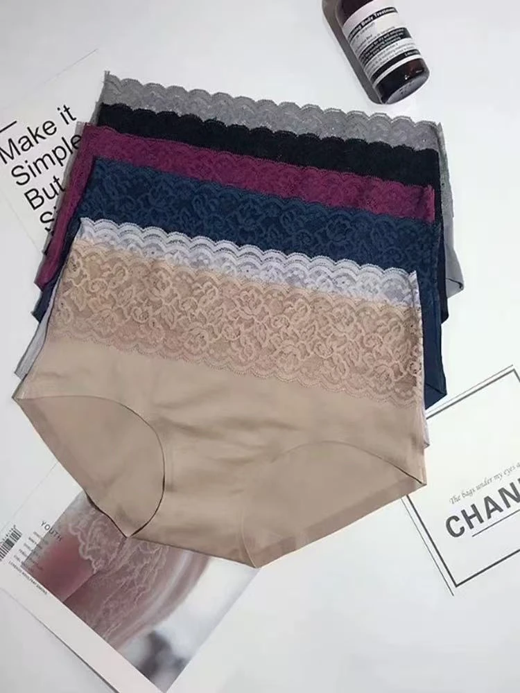 020款无痕蕾丝花边冰丝提臀一片式纯棉底档性感女士三角内裤