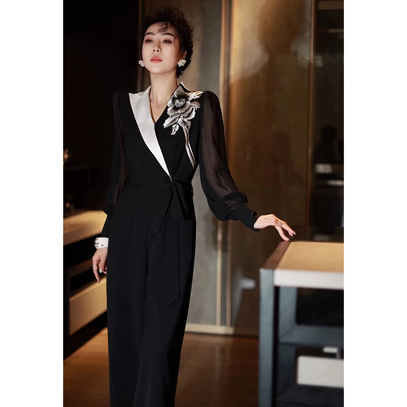 2025夏装新款法式刺绣西装领透视袖高级感气质连体裤阔腿裤套装女