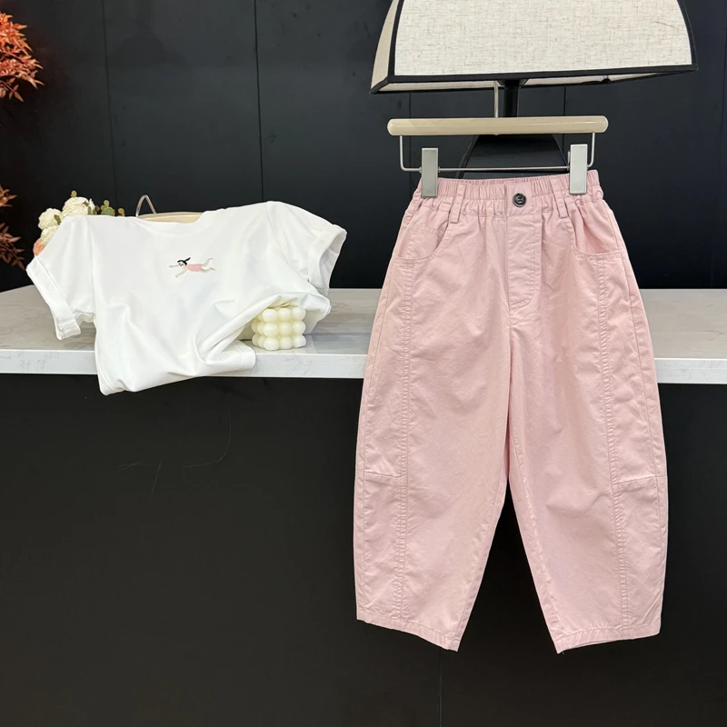 leomama女童休闲裤夏季款儿童简约时尚甜粉裤子潮宝宝百搭九分裤