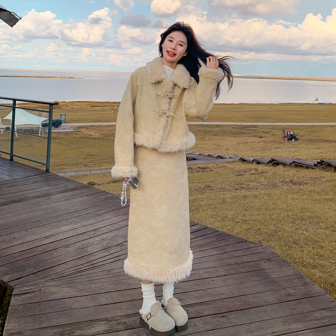 皮毛一体毛毛外套女半身裙套装女2025冬季新款爆款大方得体两件套
