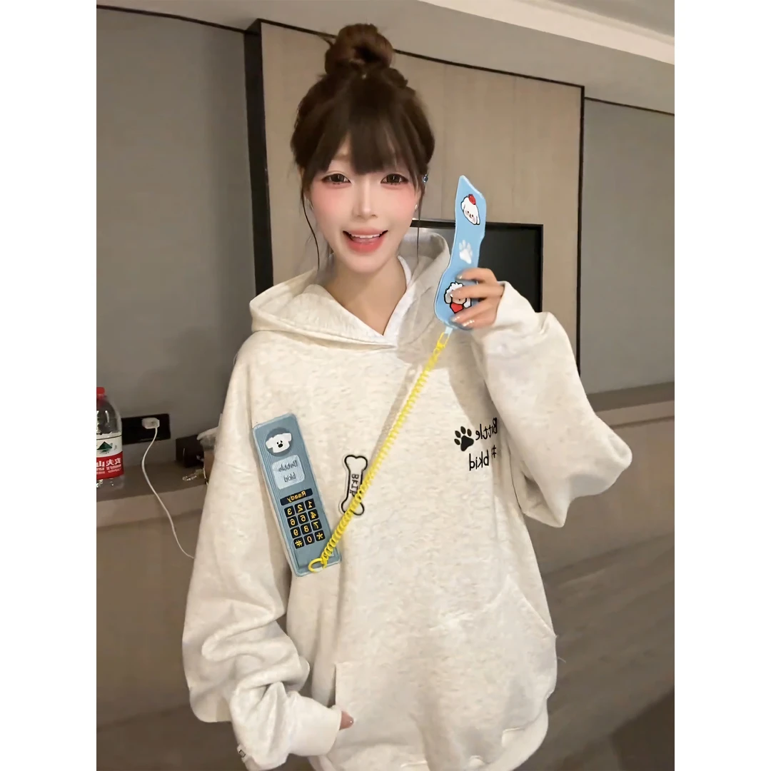 美式复古魔术贴电话连帽卫衣女秋冬季设计感小众潮牌外套宽松休闲