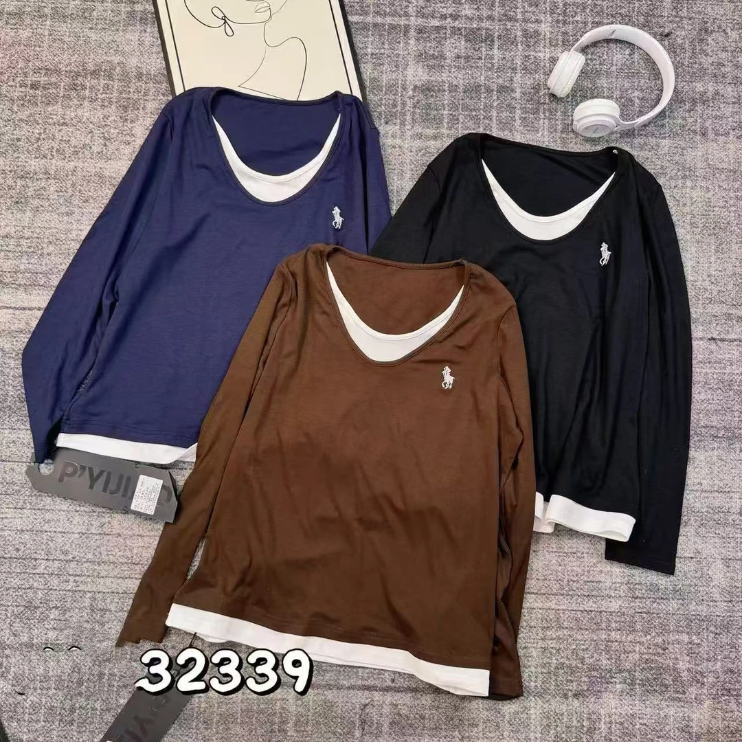 D32339气质撞色假两件拼接显瘦长袖T恤女秋季新款简约百搭上衣