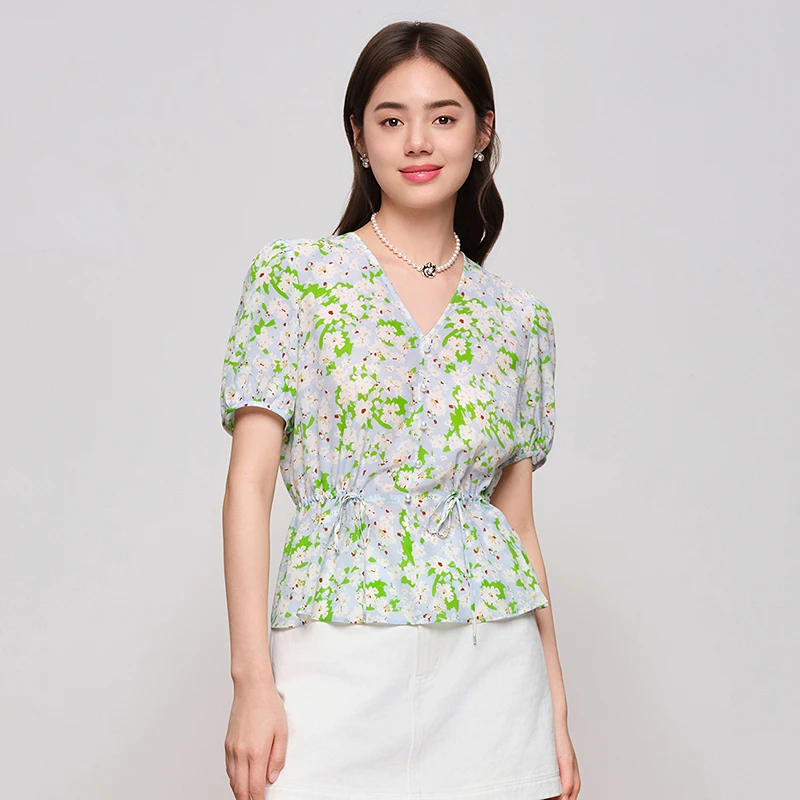 【千颂妮专享】DOUBLOVE氛围感花海衫碎花衬衫V领收腰上衣