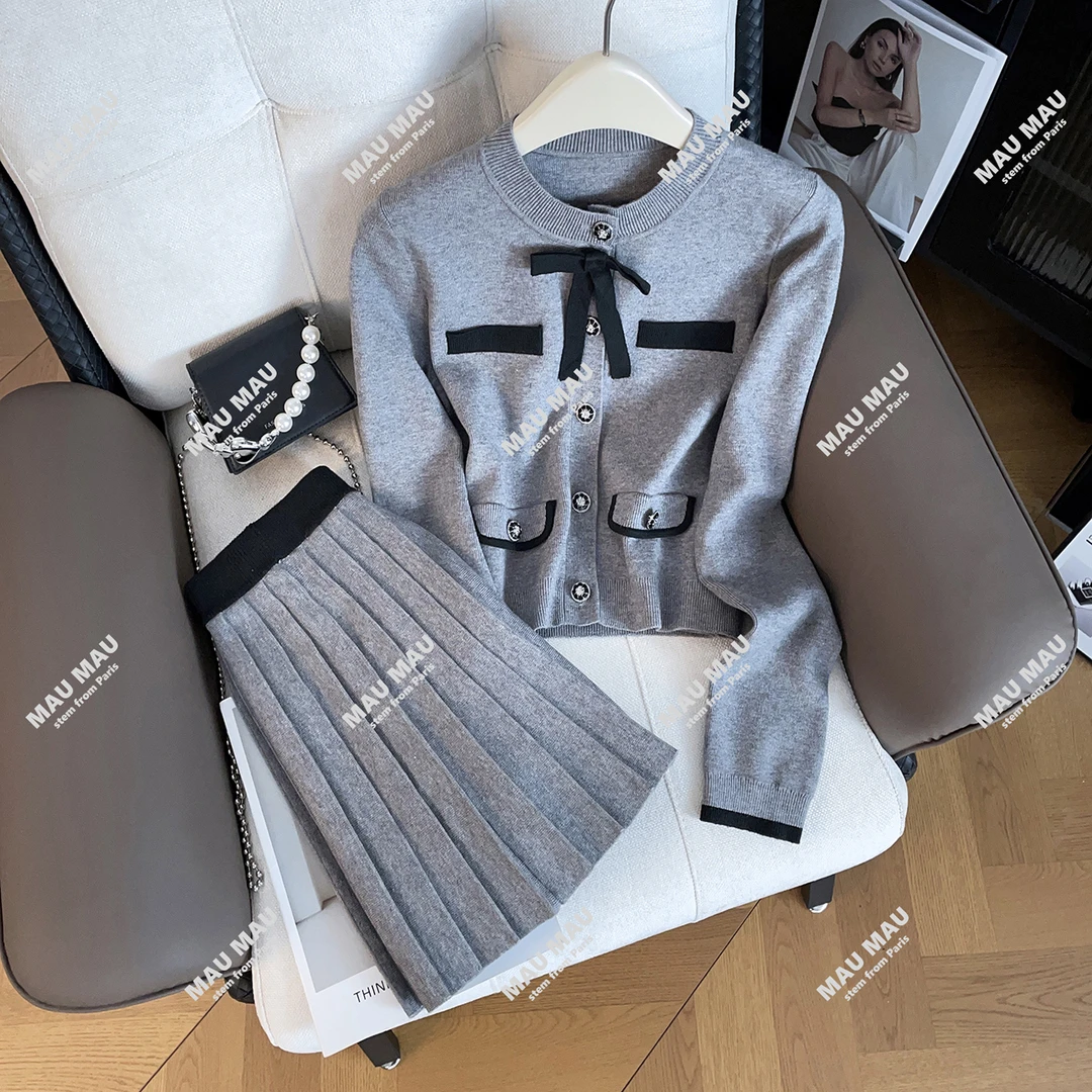 轻奢高端女装25秋冬季新款蝴蝶结针织开衫外套+半身裙套装DY8571
