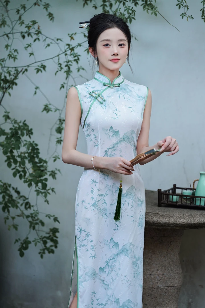 网红日常无袖提花旗袍印花国风花纹立领优雅双层夏中长款