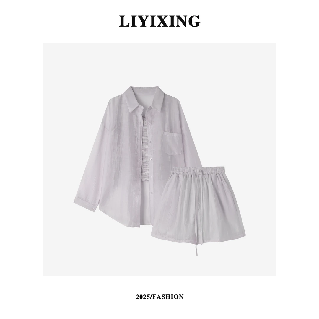 【李易行】新款韩版慵懒风美背衬衣短裤超高性价比三件套7580-33