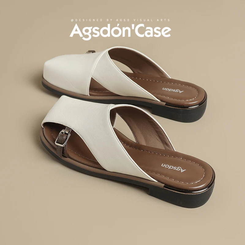 ~奥古狮登包头拖鞋女外穿2025夏季新款复古软底穆勒半拖平底凉鞋W