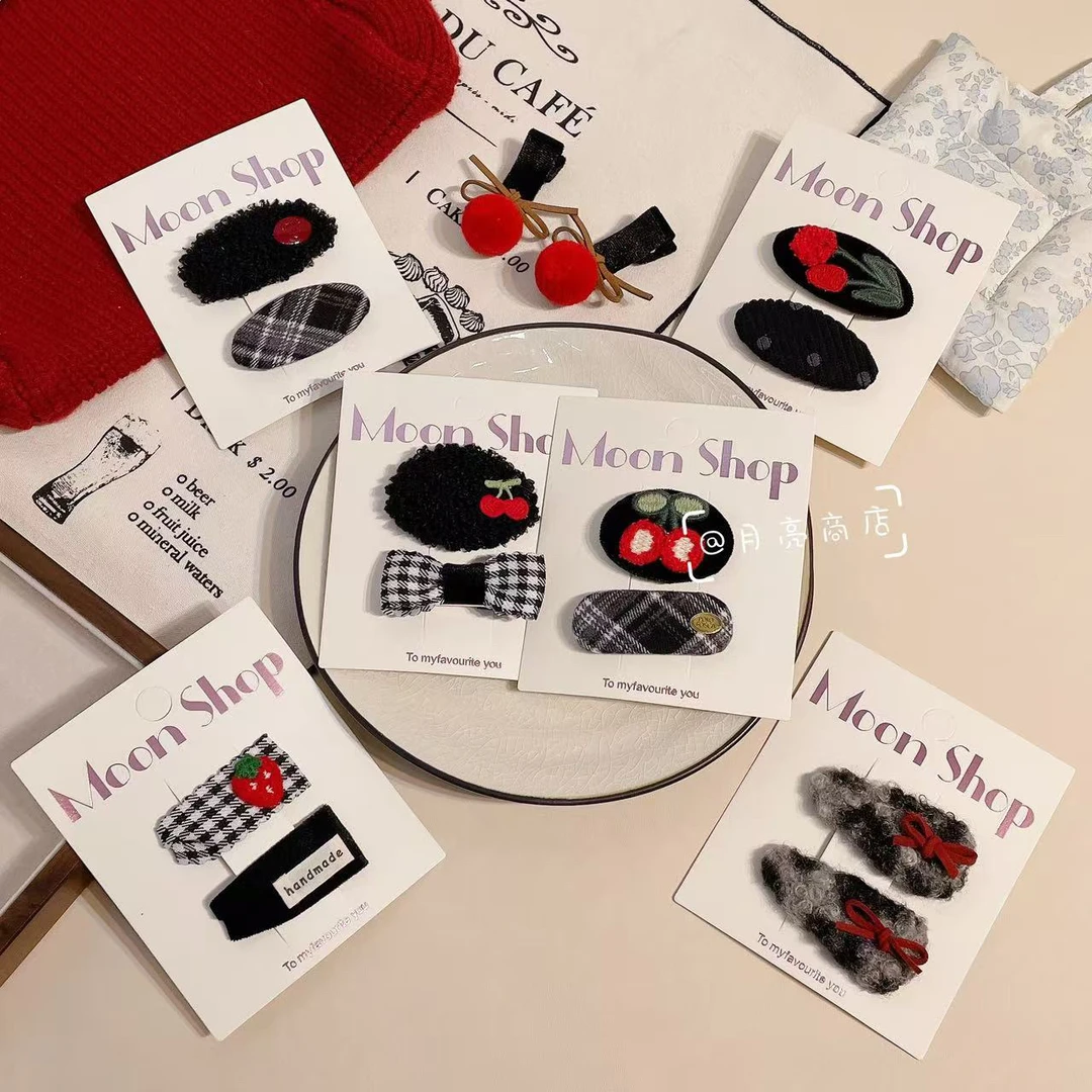 XS-0214秋冬学院风儿童格纹发夹韩系毛呢樱桃BB夹毛线碎发头饰