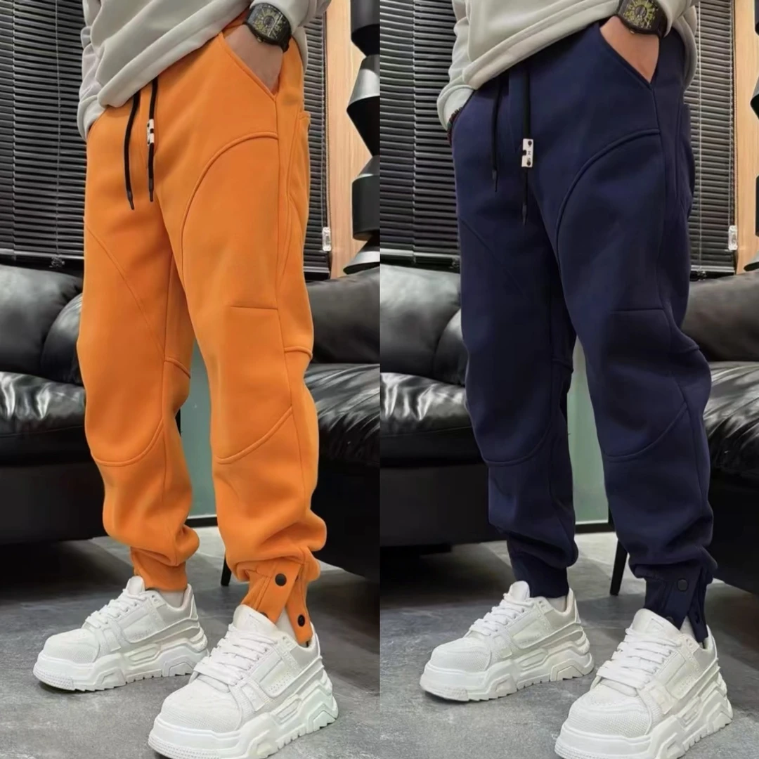 冬季新款重磅加绒保暖暗扣裤脚休闲裤男时尚百搭运动卫裤束脚长裤