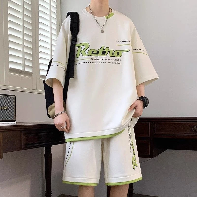 休闲运动百搭男夏季新款华夫格短袖短裤男士搭配帅气青少年衣服潮