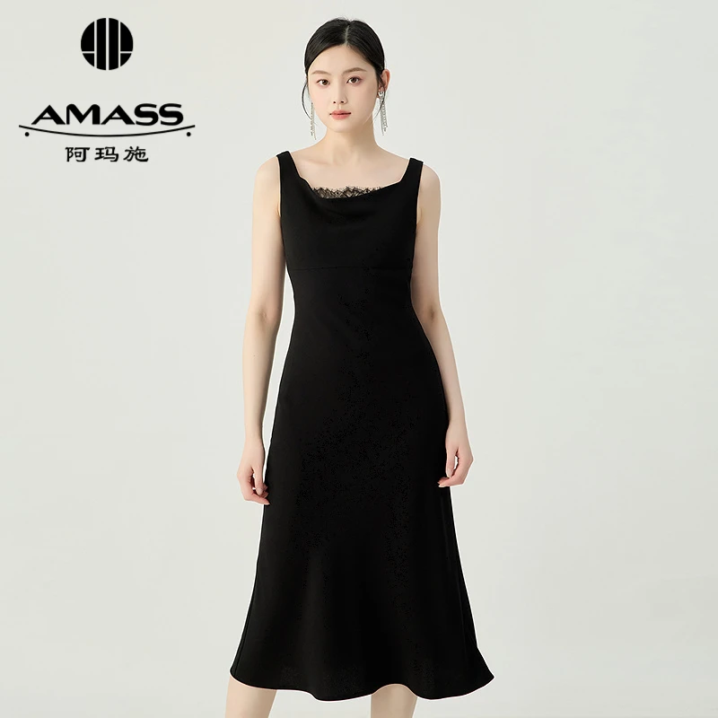 amass阿玛施夏季收腰黑色通勤无袖小黑裙连衣裙阿玛施无袖连衣裙