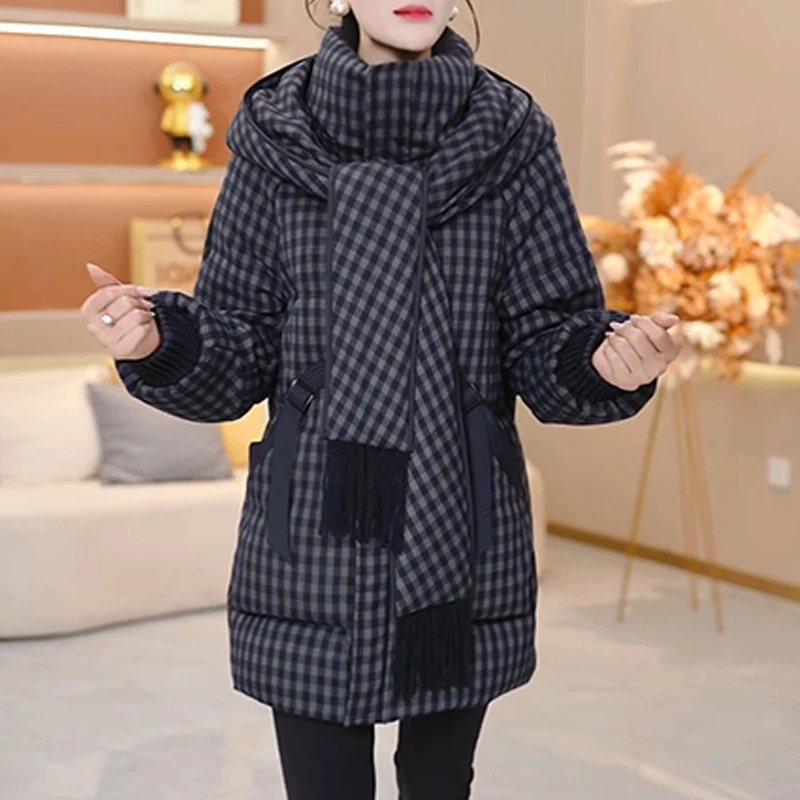 【可拆卸围巾帽】2025冬季新款格纹气质保暖加厚棉服外套女时尚棉衣