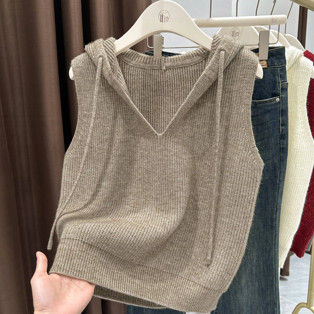 韩式极简风连帽马甲女秋冬新款气质外搭无袖马夹针织洋气V领上衣