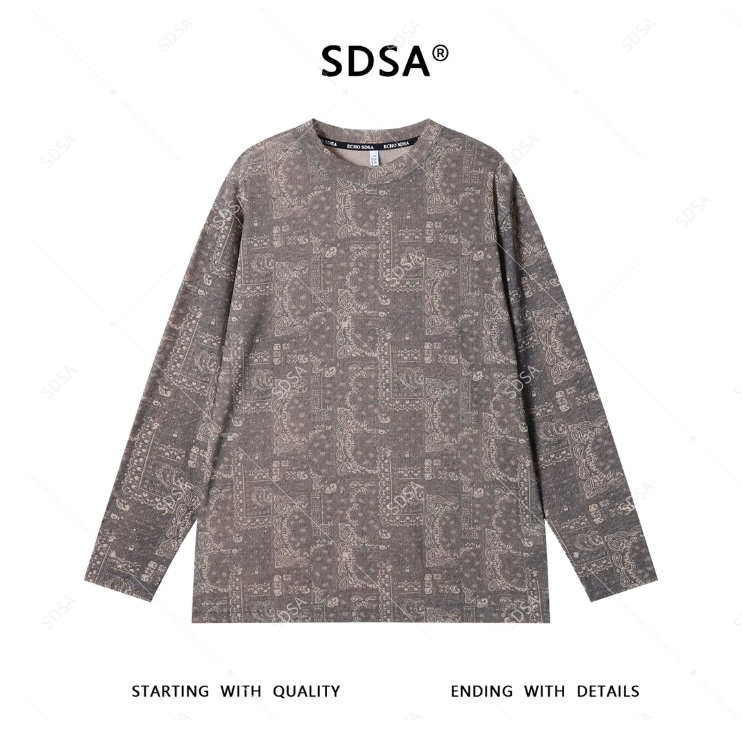 SDSA秋季新款男士痞帅抽象撞色印花圆领长袖T恤宽松设计师百搭