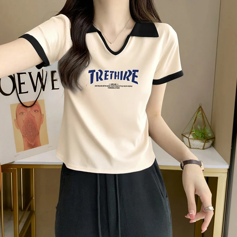POLO领短袖t恤女2025夏季新款假两件洋气印花正肩拼色短款上衣潮