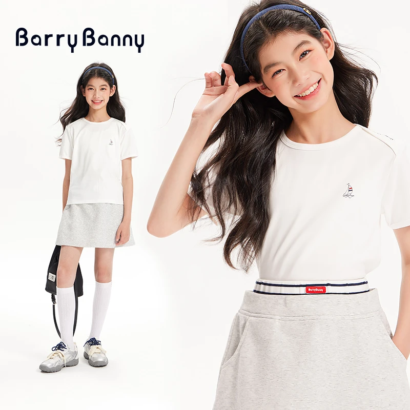BarryBanny女童T恤2025秋季新款童装纯色短袖儿童运动户外上衣