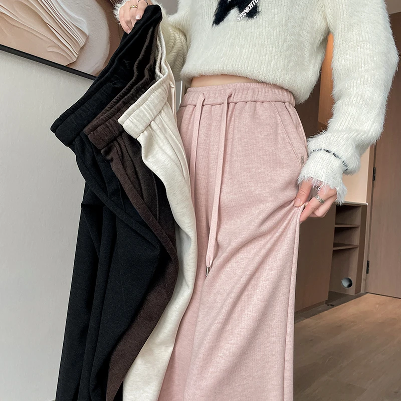 针织加绒宽松糯米裤女秋冬新款高腰垂感粉色百搭显瘦风直筒阔腿裤