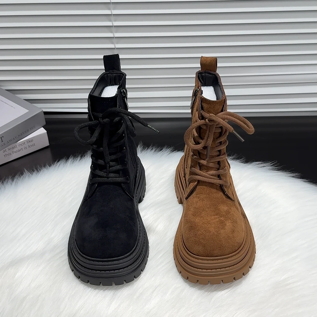 绒面厚底马丁靴英伦风女2025年秋冬新款大黄靴复古百搭西部牛仔靴
