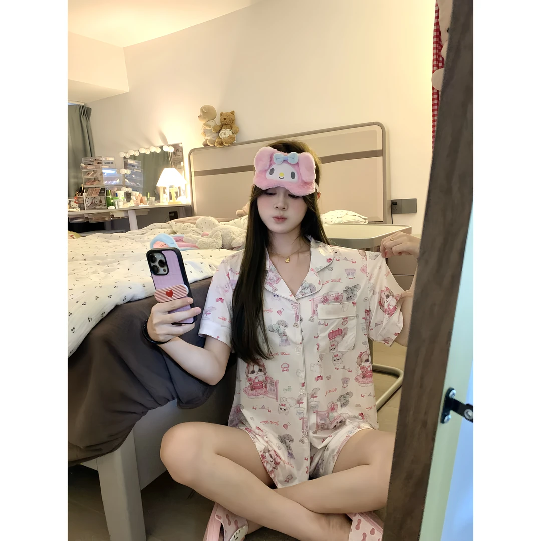 大码冰丝裁缝猫咪睡衣女夏天短袖短裤甜美网红高级薄款宽松套装